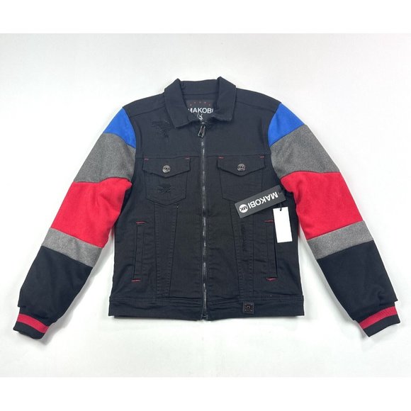 Makobi Mens Small Full Zip Denim Jean Jacket Black Red Blue Distressed M1010 - Picture 1 of 10